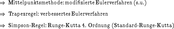 \begin{Folgerungen}
\item Mittelpunktsmethode: modifizierte Eulerverfahren (s.u...
... Simpson-Regel: Runge-Kutta 4. Ordnung (Standard-Runge-Kutta)
\end{Folgerungen}