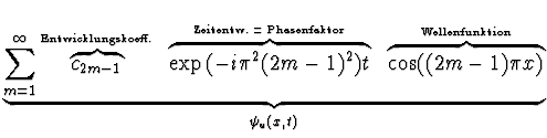 $\displaystyle \underbrace{\sum_{m=1}^{\infty}
\overbrace{c_{2m-1}}^{\mbox{\tiny...
...\ \
\overbrace{\cos((2m-1) \pi x)}^{\mbox{\tiny Wellenfunktion}}}_{\psi_u(x,t)}$