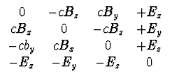 $ \begin{array}{cccc}
0 & -c B_z & c B_y & +E_x \\
c B_x & 0 & -c B_z & +E_y \\
-c b_y & c B_x & 0 & + E_z \\
-E_x & -E_y & -E_z & 0\\
\end{array}$