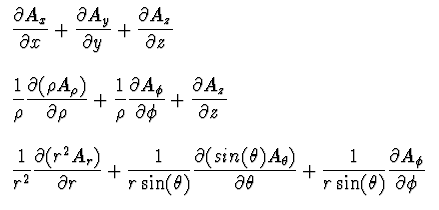 $\displaystyle \begin{array}{l}
\displaystyle
{{\partial A_x}\over {\partial x}}...
...ver {r \sin(\theta)}}{{\partial A_{\phi}}\over {\partial \phi}} \\
\end{array}$