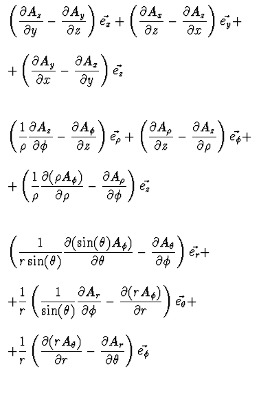 $\displaystyle \begin{array}{l}
\displaystyle
\left(
{{\partial A_z}\over {\part...
...\partial A_r}\over {\partial \theta}}
\right) \vec{e_{\phi}} \\ \\
\end{array}$